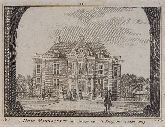 Door de poort zien we huis Middachten met daarvoor chique geklede dames en heren.