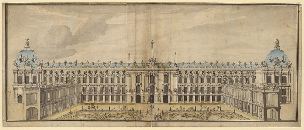 Tekening van een gigantisch symmetrisch paleis met een voorplein en twee overdekte galerijen aan de zijkant. Het heeft twee verdiepingen, een blauw dak en aan de linker en rechter zijde een blauwe koepel. Op de dakrand staan allemaal standbeelden. Boven alle ramen zitten versieringen. Op het voorplein zijn brodderieën en zijn diverse mensen en een koets.