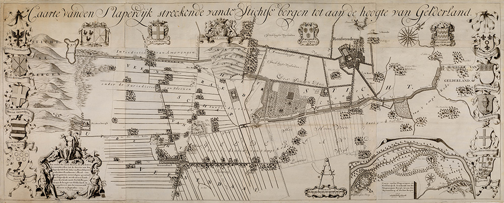 Plattegrond met links de Utrechtse heuvelrug (Stichtse bergen). In het midden boven de Imminkhuizer Eng en midden onder Veenendaal. Rechts boven ligt Renswoude. De Slaperdijk loopt midden over de kaart van links naar rechts. Rechtsonder de inzet van de Grebbedijk met Links Wageningen en rechts de Heymenberg, de Rijn loopt boven.