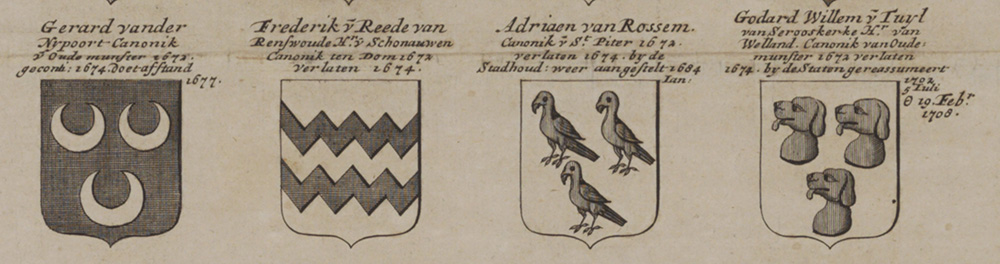 Vier familiewapens op een rij met daar boven de naam geschreven en hun kapittel en hun zittingsduur. Van links naar rechts: Donkere achtergrond met drie manen met de open zijde aan de bovenkant met de naam Gerard van der Nypoort Canonik van Oude Munster 1672 geconti: 1674, doet afstand 1677. Witte achtergrond met twee zwarte zigzag strepen horizontaal. Frederik van Reede van Renswoude heer van Schonauwe, Cononik ten Dom 1672, verlaten 1674. Witte achtergrond met drie vogels, Adriaen van Rossem, kanunnik van St. Pieter, 1672, verlaten 1674, door de stadhouder weer aangesteld 1684 Ian. Witter achtergrond met drie hondenkoppen, Godard Willem v Tuyll van Serooskerken, Kanunnik van Oude Munster, 1672, verlaten 1674, door de Staten geassumeert 1702 5 iuli tot 19 febr. 1708.