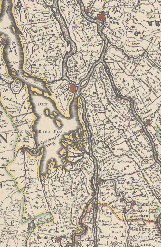 Zeventiende eeuwse kaart met het meest opvallende in het midden de Biesbosch. je ziet duidelijk de deltastructuur vanuit de Merwede. 