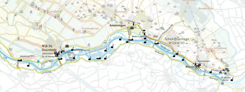 Kaart van de Nederrijn tussen Wijk bij Duurstede en Rhenen met vooral aan de Gelderse oever steenfabrieken.