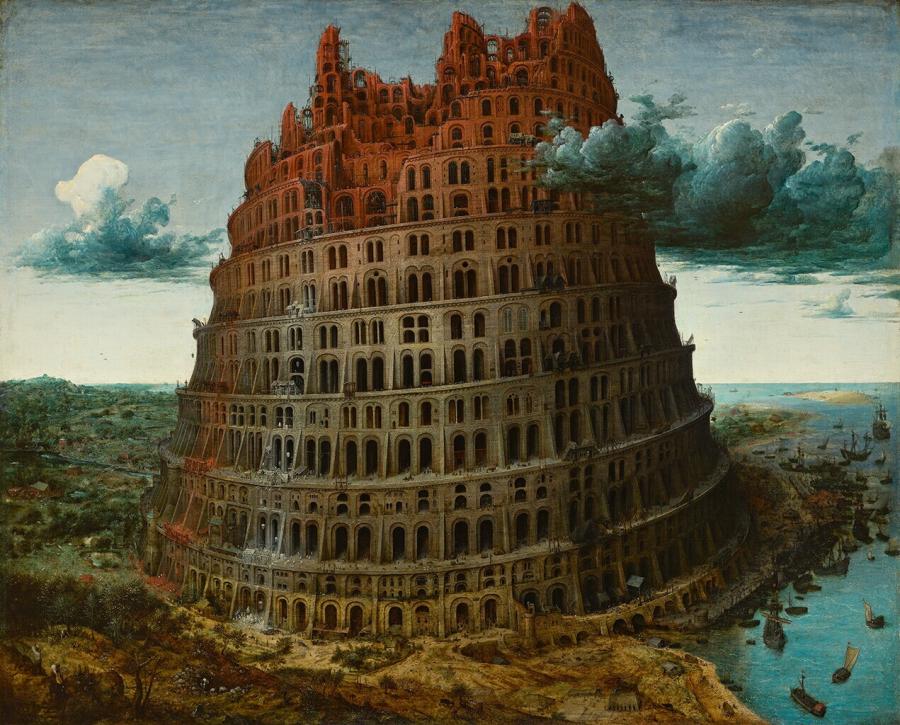 Op dit beroemde schilderij verbeeldt Bruegel het bijbelverhaal over de overmoed van de mens, die een toren tot in de hemel wilde bouwen. God strafte daarvoor met de Babylonische spraakverwarring wat samenwerking onmogelijk maakte. Het immense bouwwerk reikt tot in de wolken. Talloze mensen bevinden op en rond het gebouw. Breugel liet zich voor zijn toren uit de oudheid inspireren door de Romeinse arena, het Colosseum.