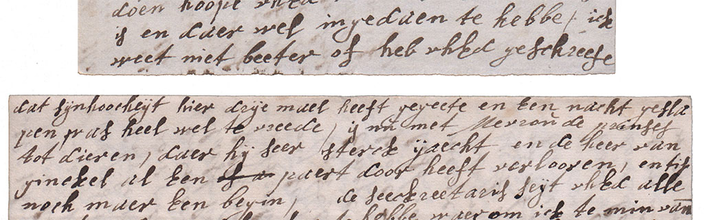 Brieffragment jacht. In de afbeelding twee fragment van briefpapier met verschillende breedte.