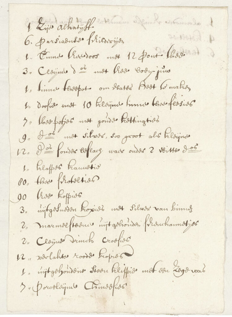 Memorie met de inhoud van de Oost-Indische kist (1).