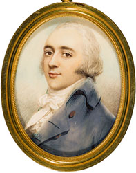 Ovaal portret van een jonge man, kalend met een hoog voorhoofd en wit/grijs haar tot over zijn oren. Hij draagt een witte sjaal hoog om zijn nek en een blauwe jas.
