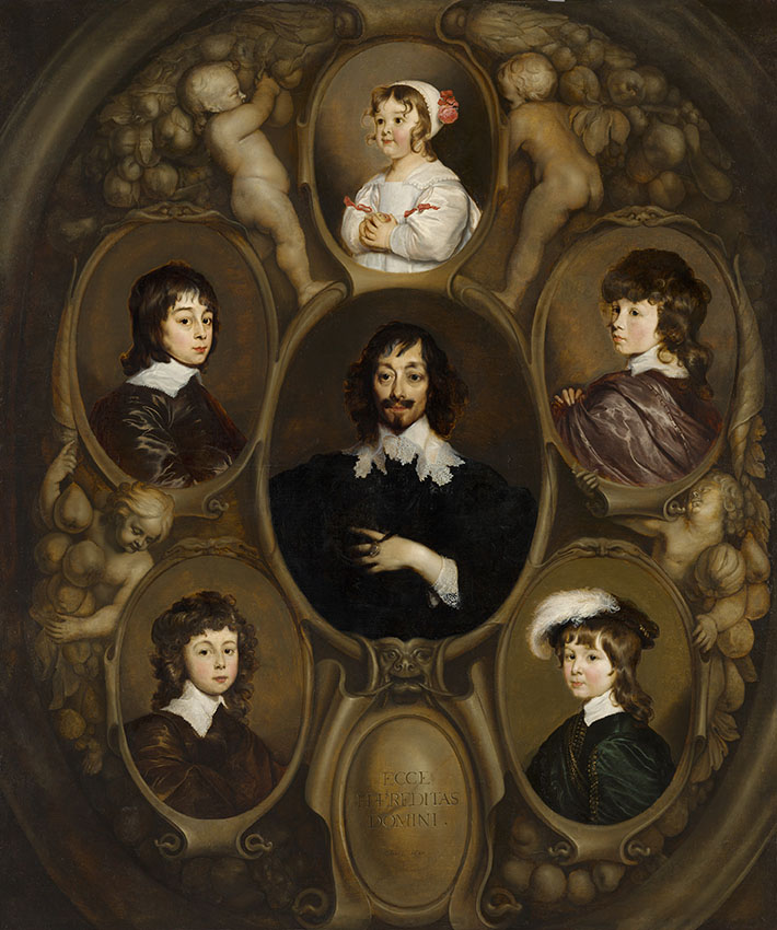 Een schilderij met zes cartouches. In het midden een oudere man, Constantijn Huygens. Hij heeft een spits gezicht met een snor en een klein baardje. Hij heeft donker halflang haar met veel volume. Hij is in het zwart gekleed met een kantenkraag. Zijn linker hand houdt hij voor de borst, waardoor je het kanten manchet ziet. Om zijn middelvinger draagt hij een ring. Midden boven een portret van een jong meisje, Constantijns dochter Suzanna, in een wit jurkje en een wit kapje op. Op het jurkje zitten roze strikjes en op het kapje een roos. De andere vier cartouches zijn voor de vier zoons. Links boven Constantijn jr., rechts boven Christiaan, links onder Lodewijk, rechts onder Philips. Afgezien van Philips dragen de jongens donkerbruin met een witte kraag. Philips draagt een groen fluwelen cape en een baret met een witte veer. Tussen de cartouches zijn in bruin putti en vruchten geschilderd. Op een schild onderaan het schilderij staat ECCE / HÆREDITAS / DOMINI. / Anno. 1640