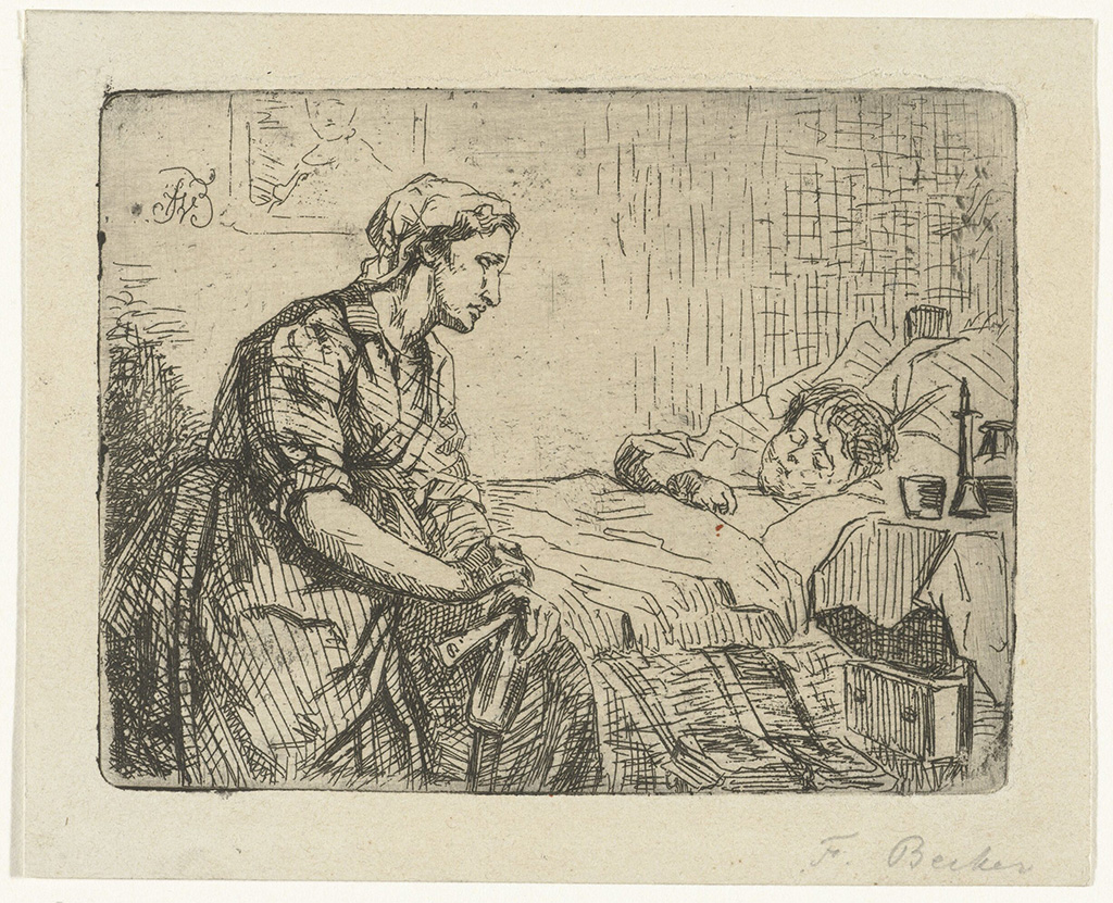Een vermoeide vrouw zit op het voeteneind van een bed waar een kind in ligt. Ze heeft iets in haar hand. Het kind heeft de ogen dicht, op het nachtkastje staat een glas en een kaars, op de grond ligt een boek.