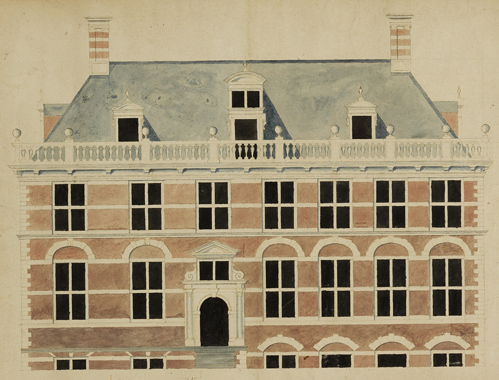 Huis op de Kneuterdijk, acquarel van een statig huis van twee verdiepingen en een souterrain en een zolder het is zeven ramen breedt en net links van het midden zit de ingang. Het huis heeft twee schoorstenen en om het dak staat een balustrade.