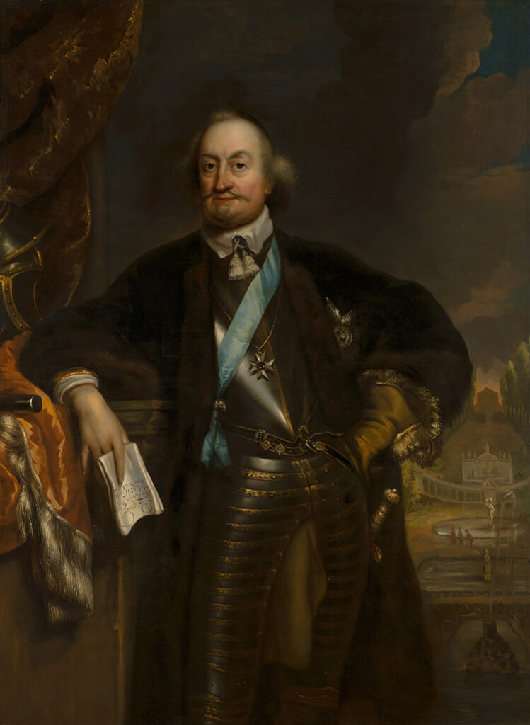 Portret tot de knieën van een kalende man met grijzig haar tot in zijn nek. Hij heeft een flinke snor een kneveltje. Hij leunt met zijn rechterarm op een pilaar en in zijn hand houdt hij een brief. Links heeft hij een handschoen aan en hij heeft zijn hand in zijn zij. Onder een zwarte overjas draagt hij een harnas met daaroverheen een blauwe sjerp en een Johanniter(?) kruis. Op de achtergrond een symmetrische tuin met vijvers een half rondlopende galerij en aan het eind van de lange zichtlijn een huis.