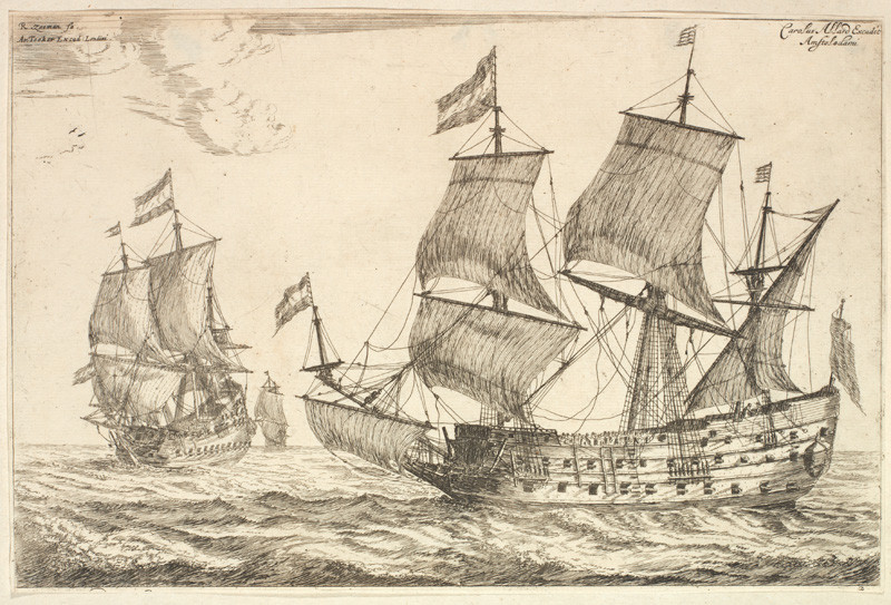 Gravure van twee grote zeilschepen. Het enge vaart naar links en heeft drie zeilen en de fok gehesen. Het ander vaart van ons af achter een andere schip aan. Beide schepen hebben een vlag met drie banen, waarschijnlijk de Hollandse driekleur. Bij de schepen is duidelijk te zien dat de luiken van de kanonnen open staan.