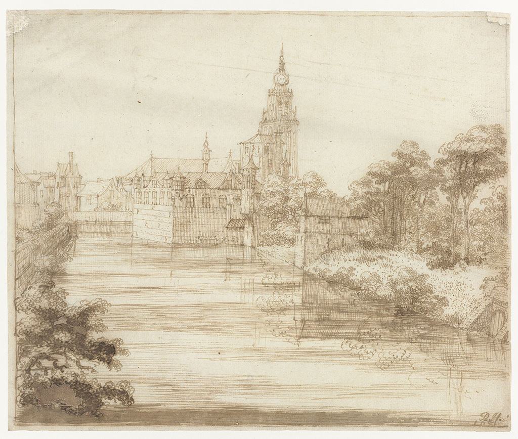 Tekening van een gracht. Links struiken en daarachter een kade, rechts enen oever met gras en daarachter bomen. In het midden een burcht met een grote kerk met een toren erachter.