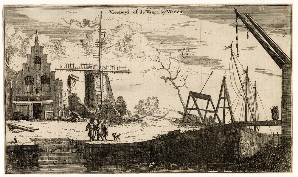 Vreeswijk of de Vaart bij Vianen. Gravure van drie mensen en een hondje op een kade bij een afgebrand huis en een afgebrande molen. Op de kapotte brug staan ook nog twee mensen te kijken.