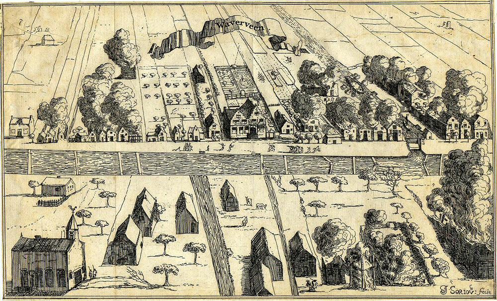 Gravure van brandende huizen aan een vaart. Er zijn op verschillende plekken soldaten en een ongewapende burger valt neer. Er wordt geschoten vanaf een schip.