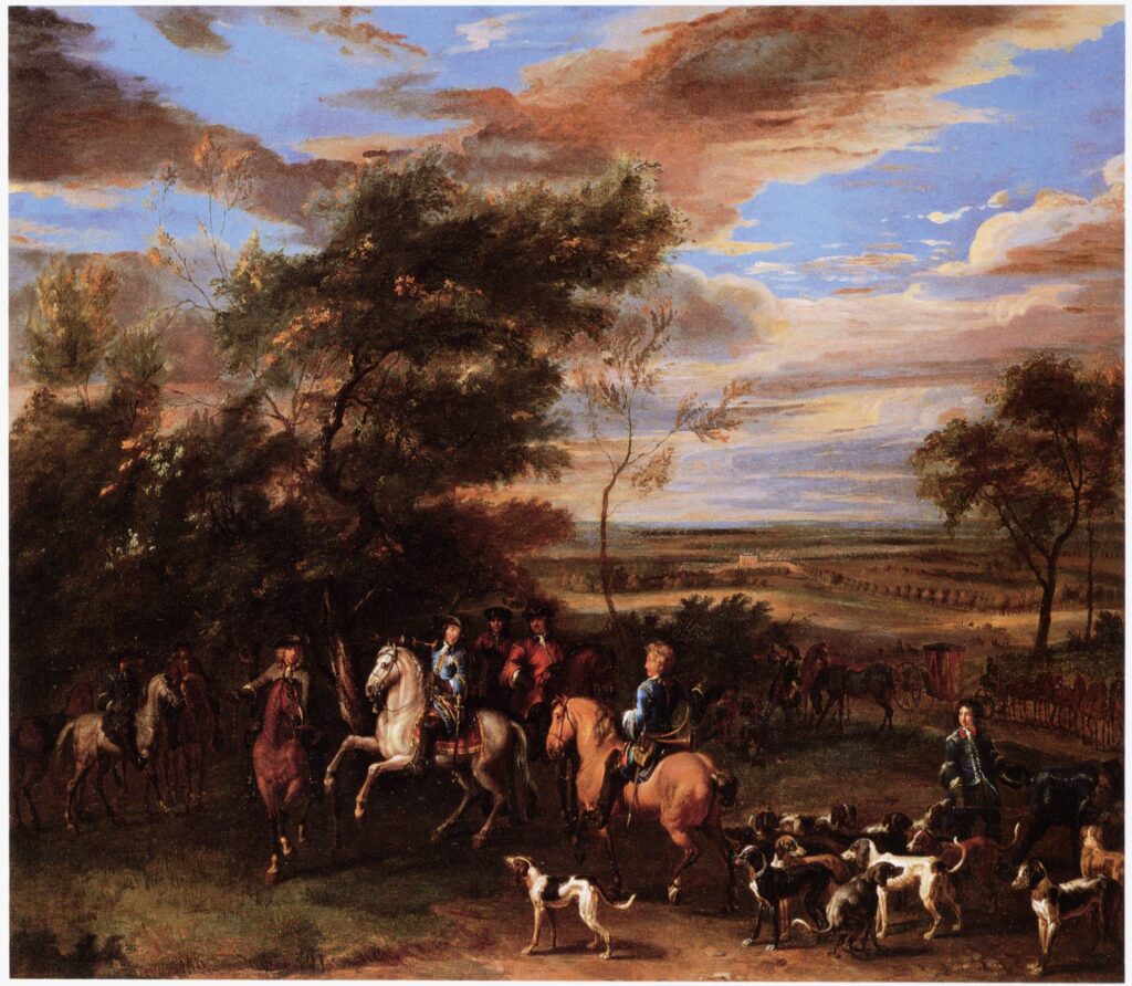 Een schilderij waarvan ongeveer de helft blauwe lucht met witte en donkere wolken en de andere helft een heuvelachtig landschap met bomen. Links steekt een grote boom af tegen de lucht, rechts is heel in de verte een kasteel te zien. Middenvoor is een groep ruiters te zien waarvan een jager op een wit paard duidelijk het middelpunt vormt. De andere jagers zijn rondom de jager op het witte paard gegroepeerd en kijken allemaal naar hem. De jagers zijn gekleed in vermoedelijk 17de eeuwse kledij. Rechtsonder in het schilderij, achter de jagers staan jachthonden, de meeste met bruin/witte vlekken, te wachten.