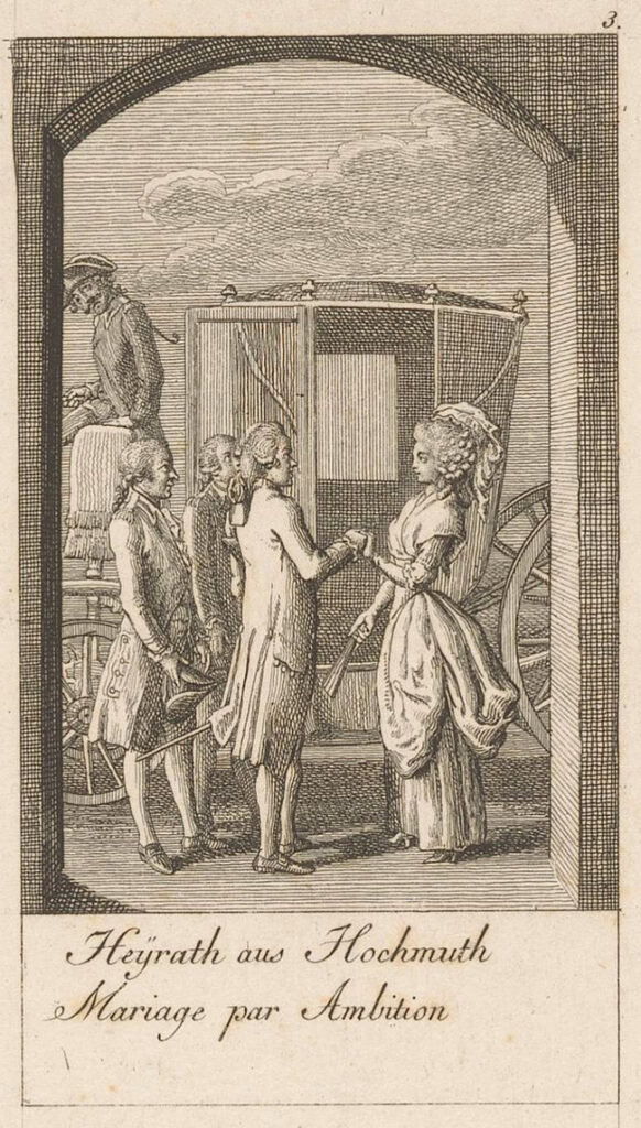Een prent in grijs-bruin tinten van vier personen van de zijkant gezien die voor een rijtuig staan. De toeschouwer kijkt door een boog in een muur naar het tafereel. De deur van het rijtuig staat open. De hoge wielen, voor en achter, zijn slechts gedeeltelijk te zien. Links is nog net de koetsier op de bok te zien die het tafereel met een schuin gehouden hoofd geïnteresseerd gadeslaat. Rechts, voor het rijtuig staat een dame met een pruik met krullend haar en een soort hoed daarop. Ze draagt een japon tot op de grond met daaroverheen een soort jas met korte mouwen die aan de zijkant omhoog gehouden wordt zodat het in twee delen naar beneden valt. Ze houdt haar linkerhand omhoog. In haar rechterhand houdt ze een dichtgeklapte waaier waarmee ze naar de trede van het rijtuig lijkt te wijzen. De man die voor haar staat en haar aankijkt, houdt haar linkerhand vast. Hij is gekleed in een jas tot over de knie, die vanaf de taille in plooien valt. Daaronder witte kousen en platte schoenen. Hij draagt een pruik met het haar in een staartje. Er is achter hem nog een gedeelte van een sabel te zien. Hij kijkt de vrouw aan. Achter hem staat een man die hetzelfde gekleed is en zijn hoed in de hand heeft. Tussen het rijtuig en de drie personen staat nog een man die slechts gedeeltelijk te zien is. Boven de koets is een stuk lucht met wolken te zien.