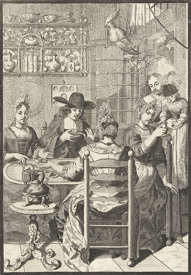 In een Hollands vertrek zit een gezelschap van drie dames en een heer rond een tafel aan de thee. Rechts in de deuropening een kindermeid met een klein kind op de arm. Aan het plafond hangt een papegaai op een stok. Tegen de achterwand een vitrine met pronkservies. Met een onderschrift van vier regels in het Nederlands. Derde prent uit de serie: de vier tijden van de dag.