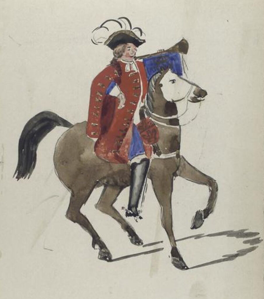 Man met een zwarte hoed met witte veren en een lange rode jas en blauwe broek op een paard. In zijn linker hand heeft hij een trompet.