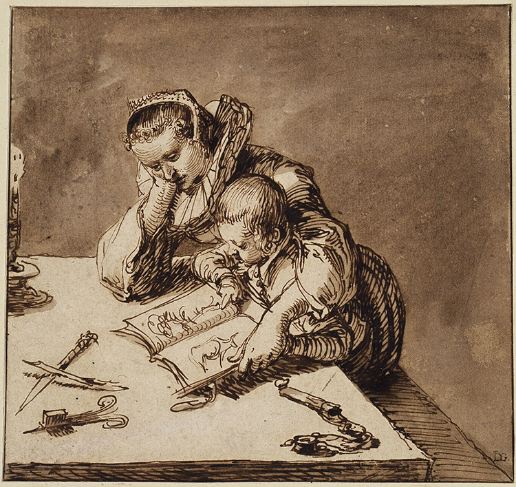 Bruine tekening van een moeder met een molensteenkraag die met een kind aan tafel zit. Voor hun ligt een boek met plaatjes opengeslagen, waar het kind in wijst. De vrouw heeft haar linkerarm om het kind heen geslagen en houd met haar linkerhand het boek vast. Met haar rechterarm ondersteunt ze haar hoofd. Op tafel ligt een mes en een (ganzen)veer, een kaarsschaar en een etuitje. Net op de rand van de tekening staat een kaars.