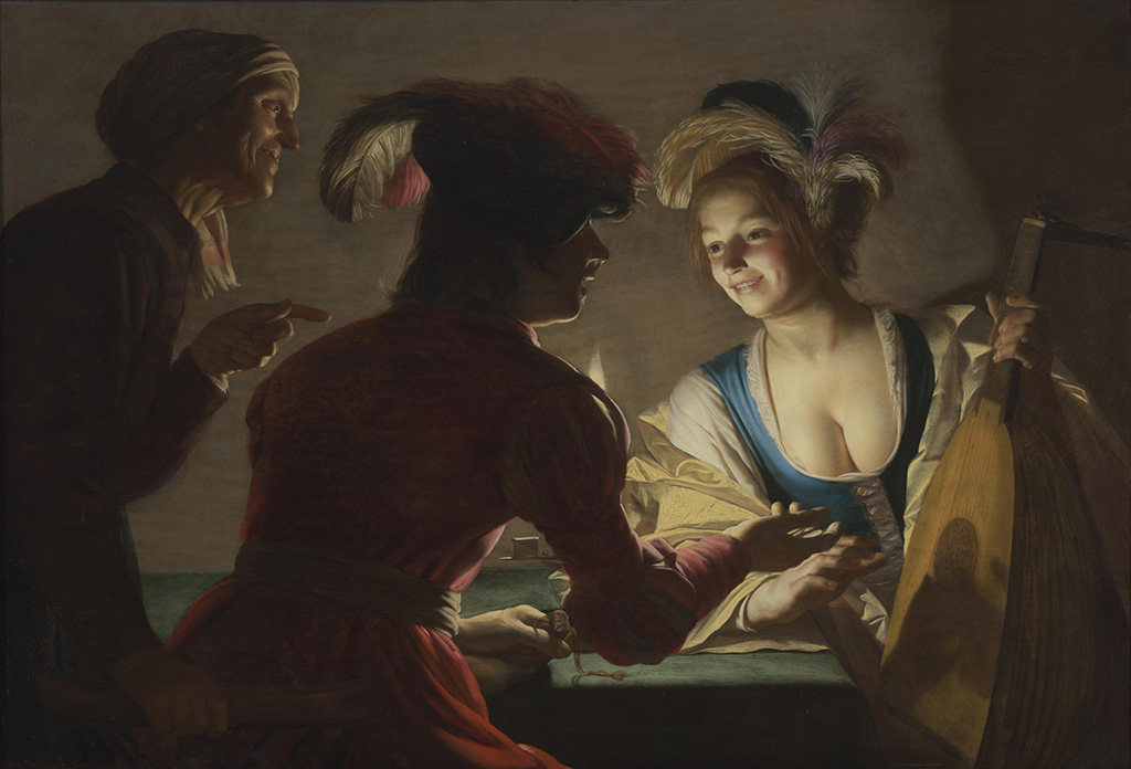 De kaarsvlam verlicht een jonge vrouw in een uitbundige outfit. Links in de schaduw staat de koppelaarster klaar, om haar te verkopen aan een man die je alleen in silhouet ziet. Het grijze besje van Gerard van Honthorst heeft haar doel bereikt. Tevreden glimlachend wijst ze naar de jonge vrouw aan tafel die haar stralende blik heeft gericht op de man tegenover haar. Met haar kleurige kleding, haar decolleté en de veren in het haar onderscheidt het meisje zich van de gewone burger. De veren duiden op haar lichtzinnige karakter, terwijl de luit die zij bij de hals houdt in de zeventiende eeuw een seksuele betekenis had. De jongeman biedt haar op zijn uitgestrekte hand een aantal muntstukken aan. Het kaarslicht doet de schaduwen van zijn hand en die van het meisje op de luit samenvloeien.