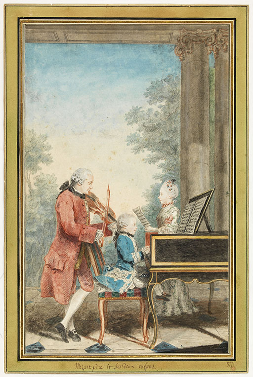 Schilderij van een violist met een rode getailleerde overjas een witte pruik met krullen in de nek en witte kousen staat achter een jongen die klavecimbel speelt. De jongen zit op een hoge stoel en zijn voeten hangen hoog boven de grond, hij kijkt naar de muziek op de lessenaar. Hij draagt een vergelijkbare pruik en een blauwe jas die versierd is met kant of borduurwerk. Achter het klavecimbel staat een meisje met opgestoken haar te zingen, ze heeft bladmuziek in haar hand. Op de achtergrond een doorkijkje met bomen.