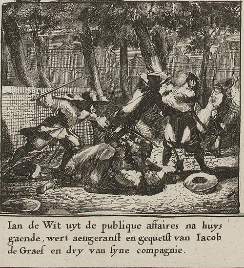 In het donker vechten mannen voor een muur. Onder de prent staat “Ian de Wit uyt de publique affaires na huys gaende, werd aengeranst en gequetst van Iacob de Graef en dry van syne compagnie.