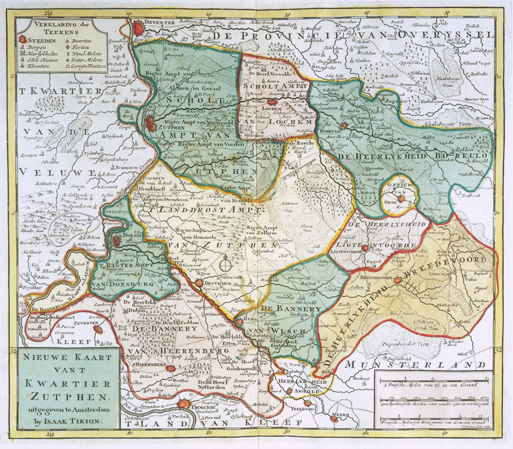 Plattegrond van het Noordoostelijk deel van Gelderland. Links boven het Scholt ambt van Zutphen, rechts daarvan het Scholtambt van Lochem en helemaal rechts de heerlijkheid Borkulo. Onder Zutphen en Lochem het Landdrostambt van Zutphen. Rechts daarvan, onder Borkulo de Heerlijkheid Lichtenvoorde. Tussen Borkulo en Lichtenvoorde ligt een klein rond gebied: het Gebied van Grol. Links tegen de IJssel aan liggen nog het Rigterambt van Doesburg en de Bannerij van Baar en Lathum. Rechts daarvan de Bannerij van ’s-Heerenberg, de Bannerij van Wisch en de Heerlijkheid Breedevoort. Het kwartier wordt omsloten door (van het westen met de klok mee): ’t kwartier van de Veluwe, de provincie van Overijssel, Munsterland, de heerlijkheid Anhold en het land van Kleef.