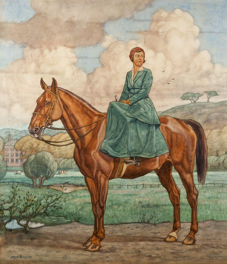 Op een elegant bruin paard zit een elegante dame. Het paard staat naar links gekeerd en de teugels van zijn hoodstel hangen losjes langs zijn hals. De Dame is gekleed in een blauwgroene lange jas met daaronder een lange rok in dezelfde kleur. Ze zit in dameszit op het paard. Ze kijkt naar rechts en onder haar rode baret komen wat lokken bruin haar. Ze staat in een weidelandschap. Links op de achtergrond tussen de bomen zien we nog net Kasteel Amerongen, rechts op de achtergrond de Amerongse berg. In de vaalblauwe lucht hangen grote wattige wolken.