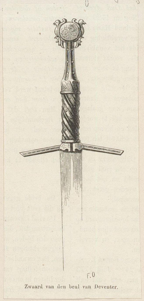 Tekening van het heft van een zwaard, sierlijk gedraaid en bovenaan een cartouce met aan weerszijde een vogel (duif?).