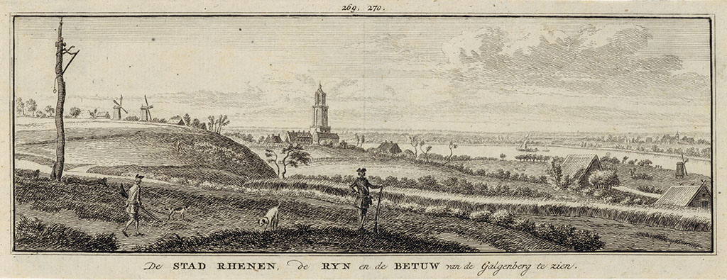 Links een heuvelachtig landschap dat naar beneden loopt met rechts in de verte de rivier de Rijn. Aan de overkant een vlak landschap. Rechts in de verte de Cuneratoren van Rhenen met wat huizen. Rechts op de heuvel een paar windmolens, in het landschap wat daken van boerderijen en schuren. Op de voorgrond staan twee jagers met hun honden.