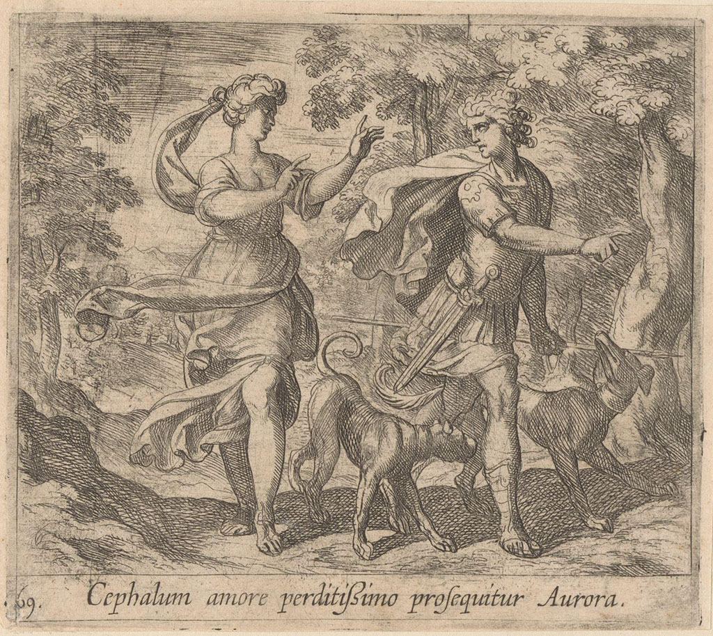 Cephalus en Aurora in een landschap. Titel in het Latijn in ondermarge.