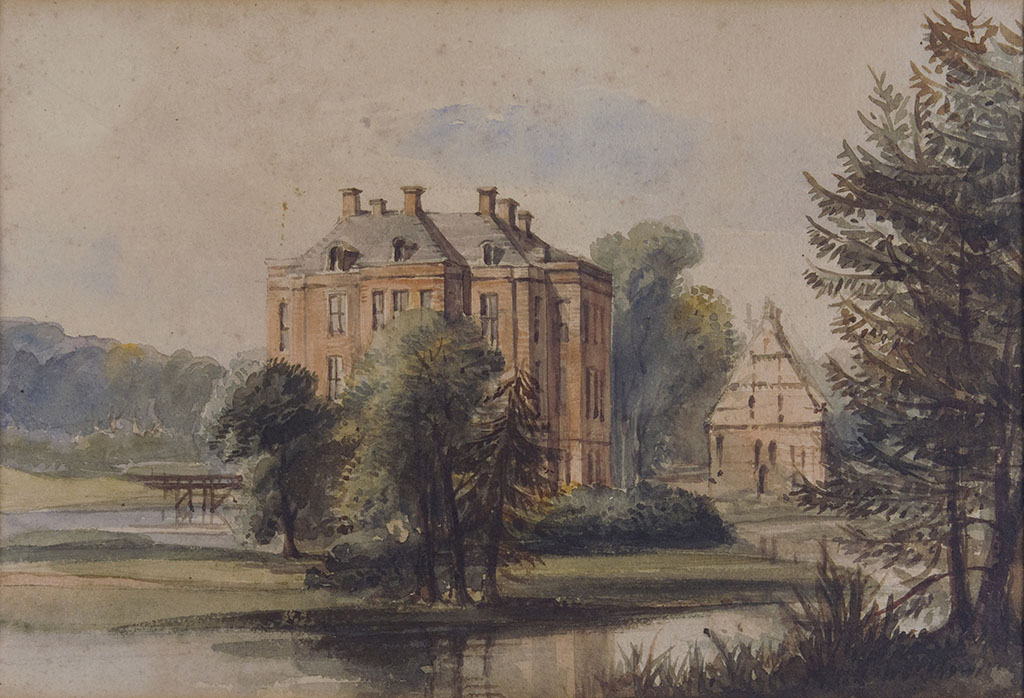 Aquarel van het huis middachten in zijn bosrijke omgeving. Het huis staat verscholen achter bosjes.