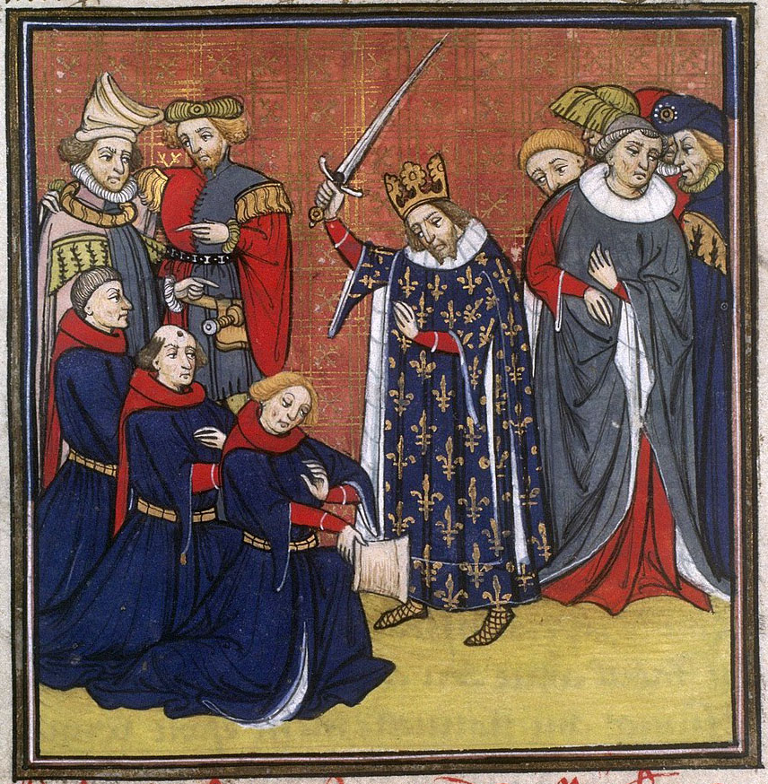 Een koning in een blauwe mantel heft een zwaard hoog boven zijn hoofd. Voor hem zitten drie mannen in blauwe pijen. Op de achtergrond meer elegant geklede heren.