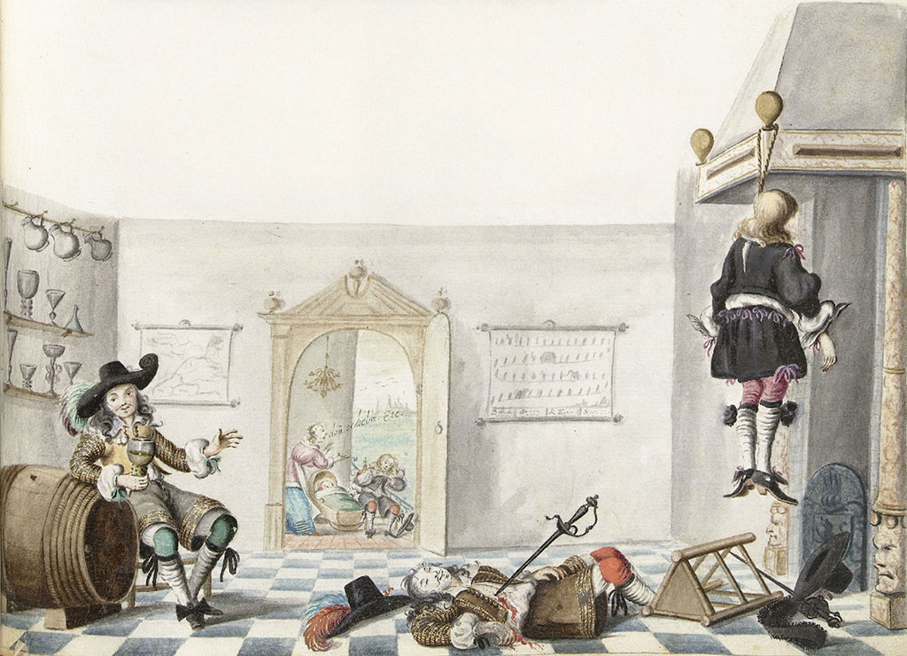 In een interieur zit een man naast een ton. Hij leunt er met zijn rechterarm op, in zijn rechterhand heeft hij een roemer met wijn, op de zwartwitte tegelvloer ligt een man op zijn rug met een zwaard in zijn borst. Aan een knop van de schouw heeft een man zich opgehangen. Het omgevallen krukje ligt nog onder hem. Zijn hoed en degen liggen op de grond. Op de achtergrond een vrouw met een kind en een baby.