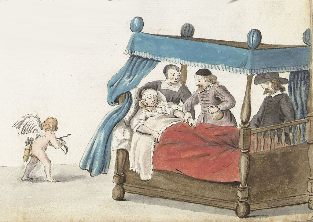 Een jonge vrouw ligt in een houten hemelbed met blauwe behangsels en een rode deken. Ze is bleek en heeft haar ogen dicht. Bij haar hoofd staat een vrouw in het zwart, daarnaast een man die haar pols voelt. Aan het voeteneind staat een tweede man. Links cupido die klaar staat om te schieten.