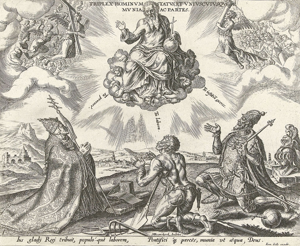 God zit op een wolk aan weerszijden geflankeerd door koren van Engelen. Op aarde knielen een bisschop, een vorst en een handwerker voor hem neer. In Latijnse teksten krijgen ze hun taak toebedeeld.