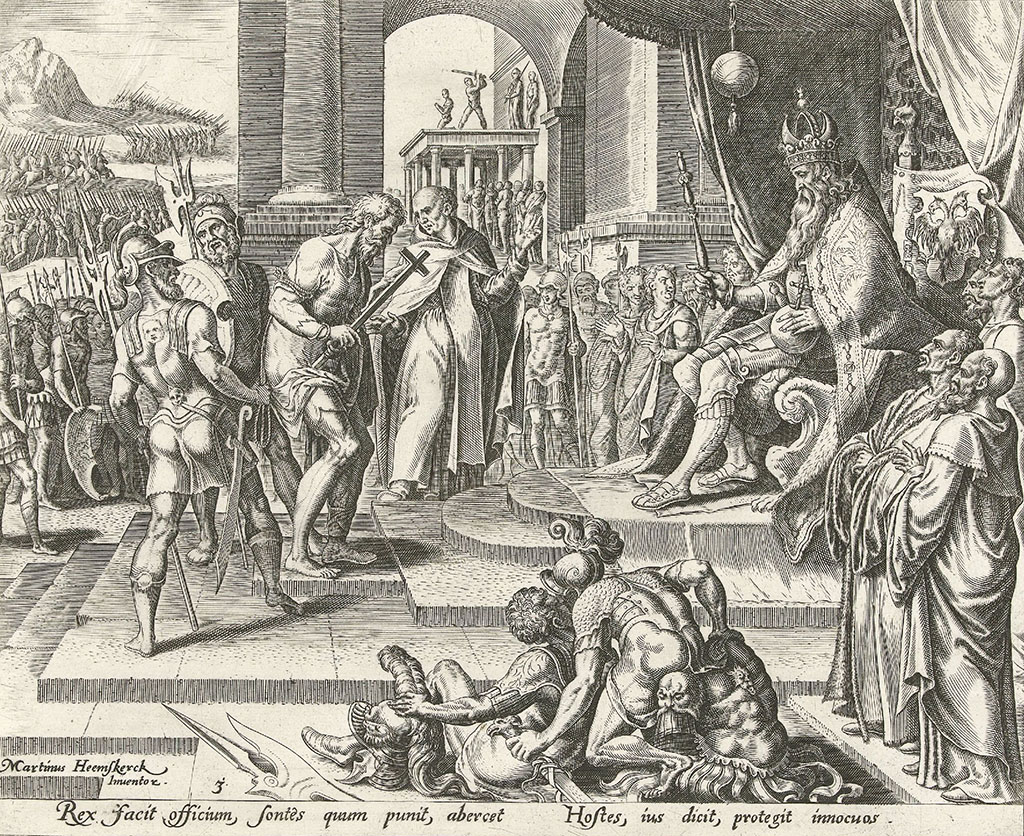 Een koning of keizer zit op een troon. Een gevangene wordt voorgeleid door een priester en twee soldaten. Het is de taak van de koning, samen met de rest van de heersende klasse, om de rechtstaat te handhaven en recht te spreken. In de achtergrond een legermars en de executie van een misdadiger door een zwaard.