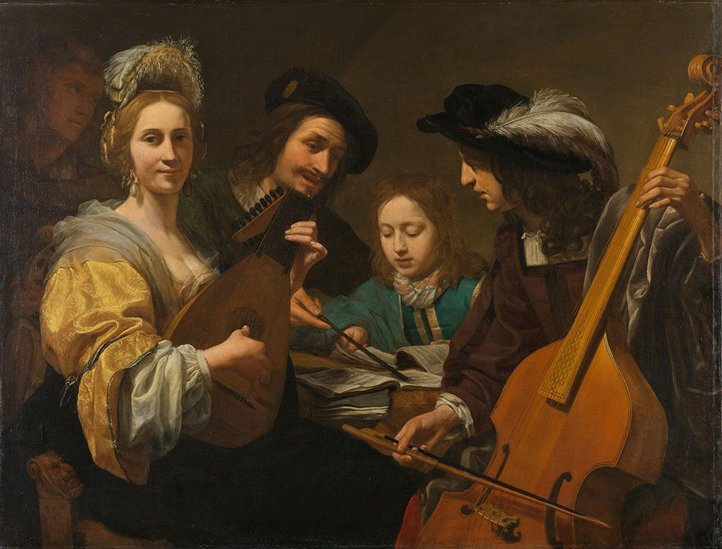 Links een vrouw met een luit, rechts een man met een viola da gamba. Tussen deze twee aan een tafel geeft een man een jongen muziekles of zangles.