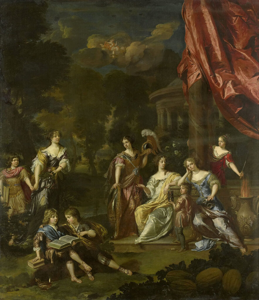 Geportretteerd in een tuin bij een klassieke tempel naar leeftijd: Maria (geb. 1741) links met een lauwertak, Alida (geb. 1660) zittend met een toom of breidel, Theodora Catharina (geb. 1661) met een slang en een globe, Bernardina (ca. 1662-1716) met een schild, helm, speer en gouden kuras, Suzanna (1664-1712) met een zwaard boven een vuur, Adriaan Willem (1667-88) helemaal links in Romeins kostuum, Pieter (geb. 1666) en Lodewijk (1668-97) op de voorgrond met een boek en een olielamp, François Adriaan (1669-1726) met een zandloper en Philippina, als kind overleden, in de lucht als putto met een palmtak en krans. Rechts op de voorgrond groeien kalebassen, pompoenen of meloenen.