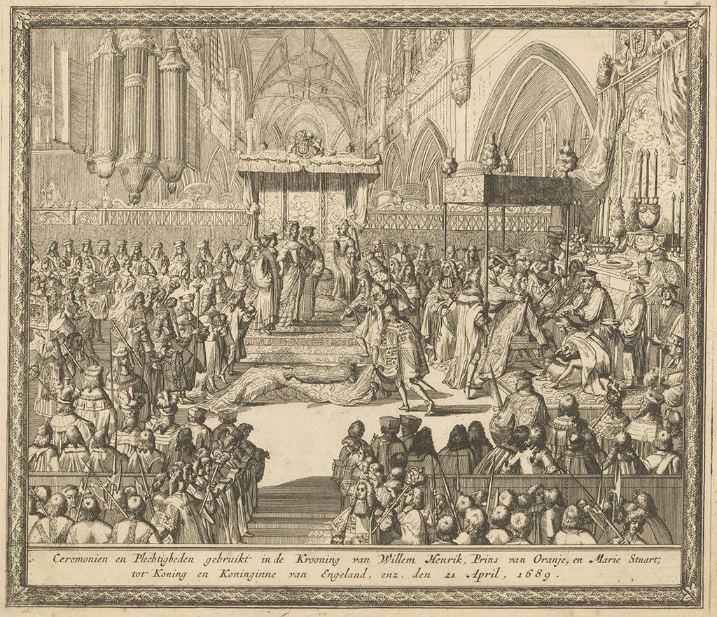 Prent van de Westminster Abby met daarin willem onder een baldakijn met allemaal mannen om zich heen en Mary bij de troon. Overal zijn mensen te zien, de meesten met een taakje.