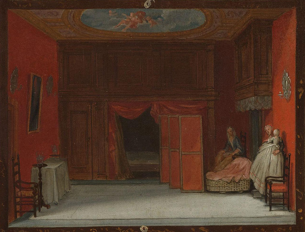 Een rode kamer met een houten achterwand met daarin een opening met een gordijn. Achter het gordijn staat een bed. Rechts achter in de kamer staat een rood kamerscherm, daarachter staat een wieg met met daarachter een vrouw. Tegen de muur staat een vrouw met een kind op de arm.