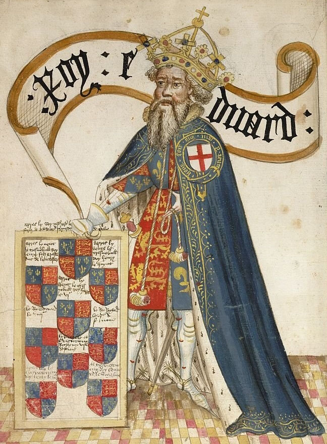Een koning ten voeten uit met een blauwe mantel met daarop een wit wapen met een rood kruis. Onder de mantel draagt hij een tuniek verdeeld in vier vlakken: links boven en rechtsonder blauw met gouden fleur de lis en de andere twee vlakken rood drie gouden draken.