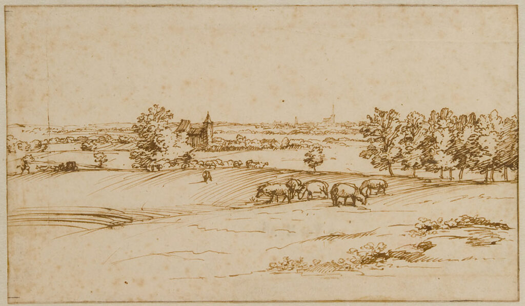 Een wijds landschap met lichte glooiing. Op de voorgrond grazende schapen en her en der bossages. Halverwege een kleine kerk. Op de achtergrond een stadje met erboven uit stekend een kerk.