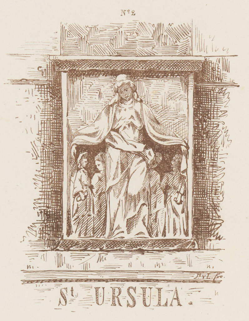In een nis staat een vrouw met vier kinderen onder haar mantel. Eronder staat St. Ursula.