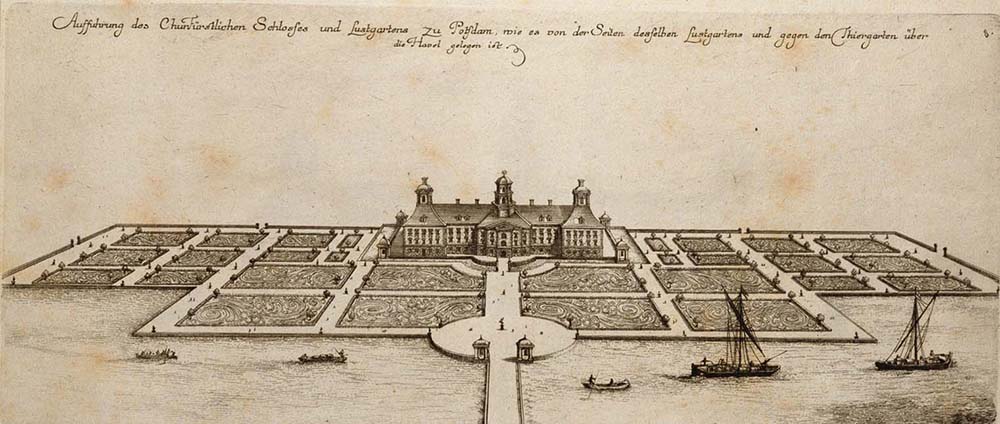 Een slot met twee zijvleugels in een geometrische tuin met rechte vakken met daarin broderieën. Op de voorgrond een rond plein met een brug over een water waarop roei- en zeilboten varen.