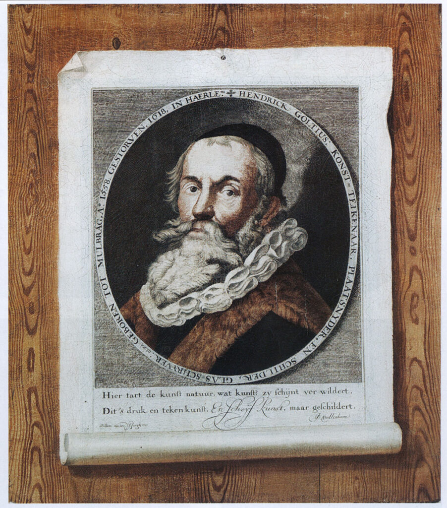 Open een houten achtergrond is een prent vast gemaakt met één spijker midden boven. De prent heeft linksboven een ezelsoor en is van onderen nog ingerold. Op de prent staat een oudere man met baard, snor en molensteenkrans. Onder de prent staat "Hier tart de kunst natuur, wat kunst? zy schijnt ver wildert. Dit 's druk en teken kunst. En Schreijf kunst, maar geschildert.