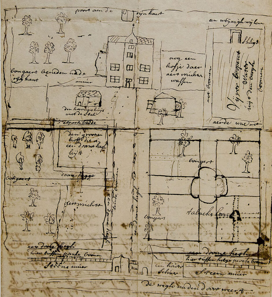 Bovenaan de tekening een huis, eenvoudig getekent, rechts een hof en een vijfer, links een boomgaard en een hoverniershuisje. Links onder een boomgaard met heggen, in het midden een oprijlaan en rechts een onder tuin onderverdeeld in vier delen met bomen en tabak, Helemaal onderaan de stenen muur, het hek en de houten schuur aan 'de wegh na den doorweert'.