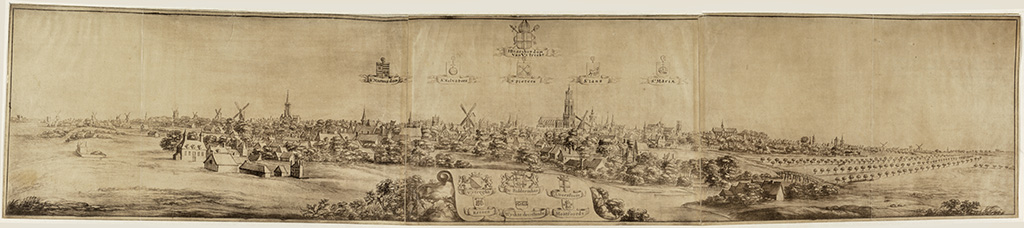 Een stad met geen zichtbare muren, de molens (die veelal op de stadsmuur staan), zitten ver achter de eerst zichtbare bebouwing. Bovenin de wapens van het bisdom en de vijf kapittels van Utrecht, onderin de wapens van de leden van de staten van Utrecht.
