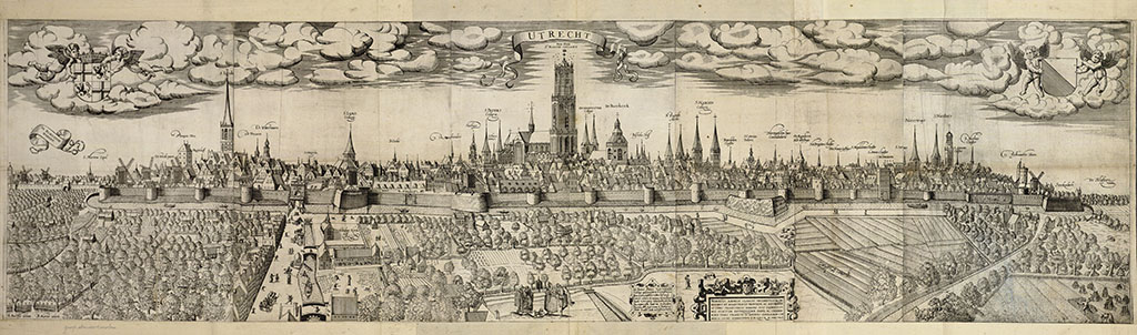 rofiel van de stad Utrecht uit het westen gezien, met de aanduiding van de namen van de torens. Herkenbaar zijn ondermeer: de Bemuurde Weerd, de Jacobikerk, de Vleutenseweg (links vooraan) eindigend bij de Catharijnepoort, de Janskerk, het ontmantelde Vredenburg met molens op de bastions, de torens van het stadhuis en de Pieterskerk, de Domkerk, de torens van de Oudmunsterkerk, de Buurkerk, het Bisschopshof, de kerk van de Paulusabdij, de Mariakerk, de kerken van het Abraham Rechtsonder loopt het Lijnpad.