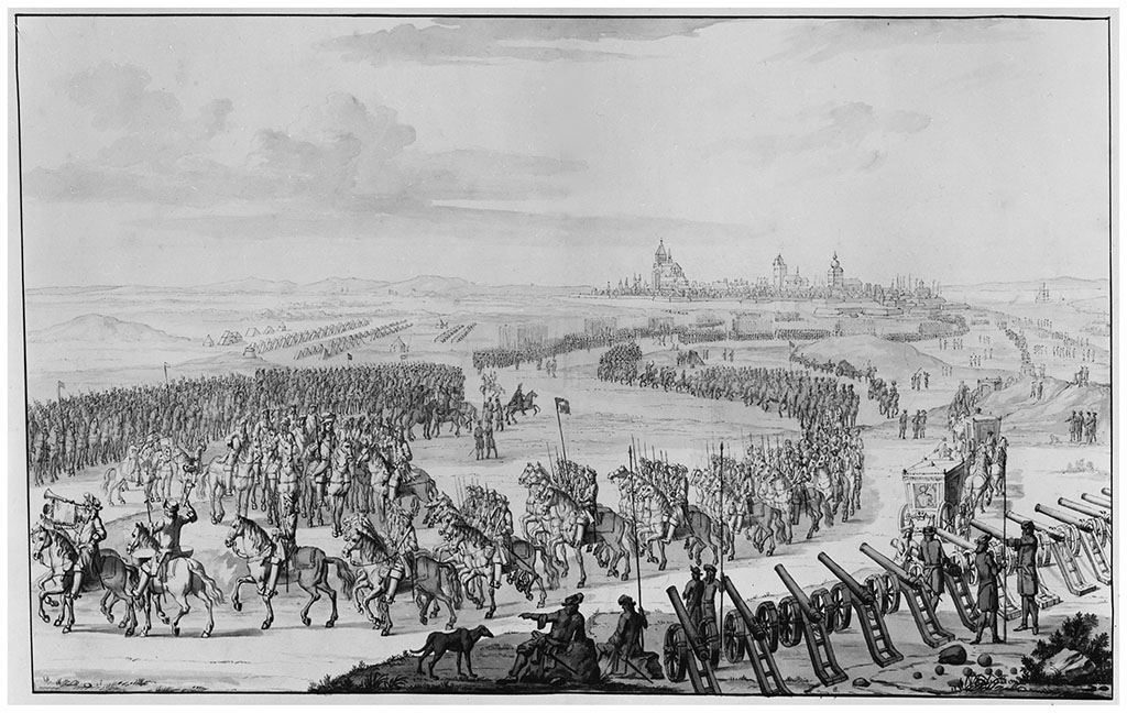 In de verte ligt een stad. Op de voorgrond een leger: cavalerie, infanterie en een colonne met koetsen.